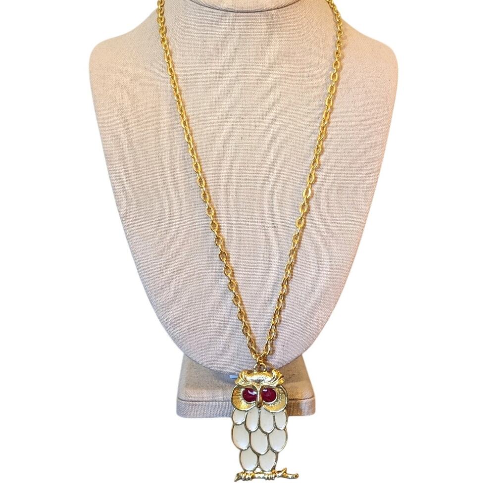 Sir R Cream Enamel Red Rhinestone Eyes Gold Tone Owl Pendant 24" Necklace